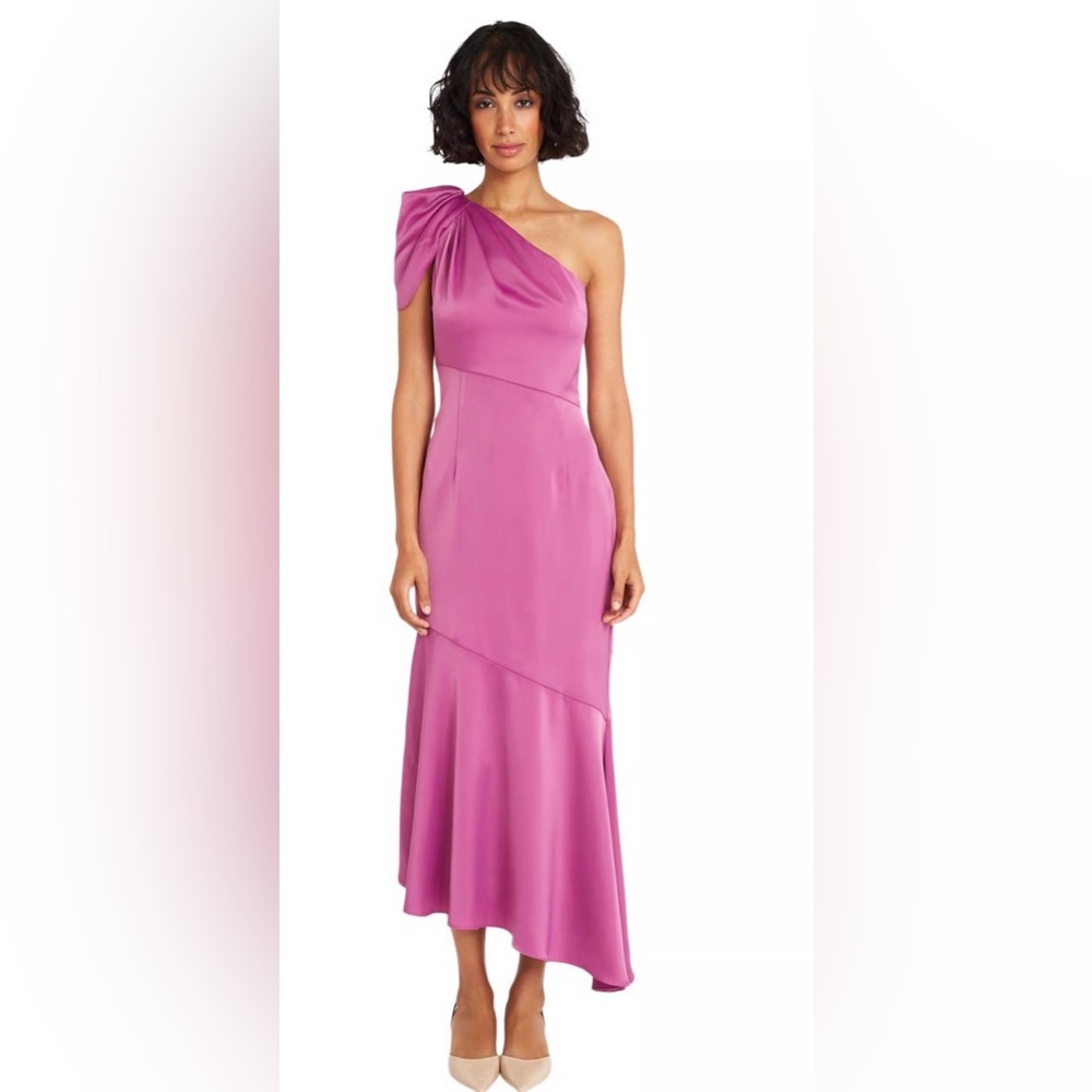 Maggy London Draped One Shoulder Tea Length Formal Wedding Guest Dress